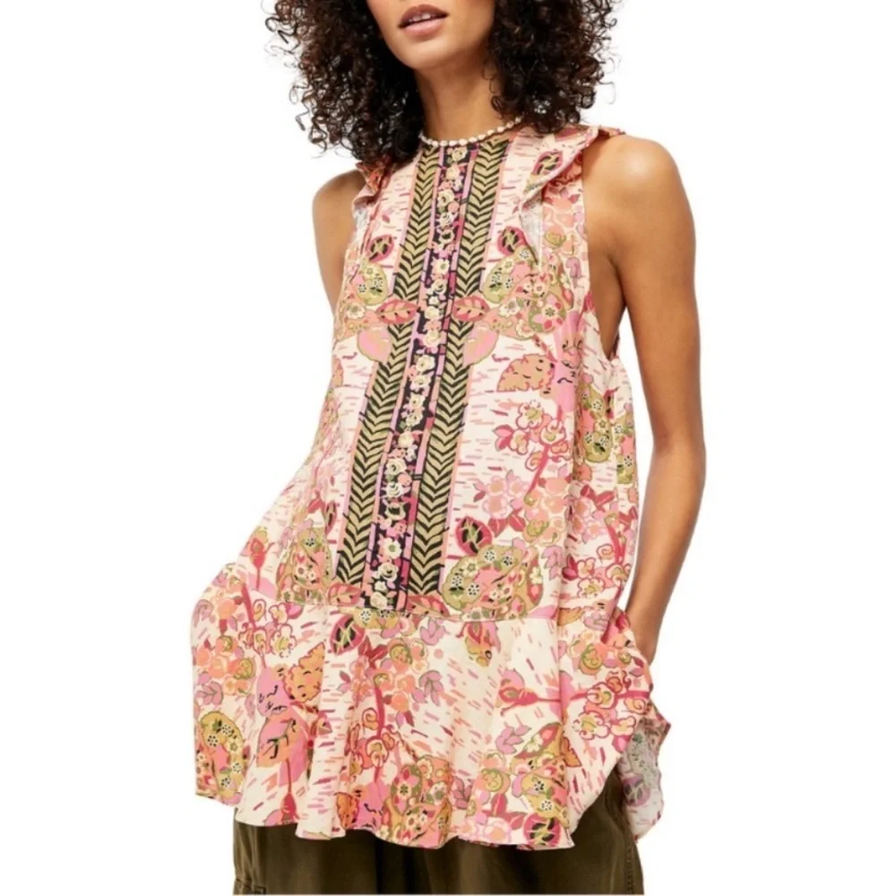 NEW Free People Summer In Tulum Pink Combo Tunic Floral Summer Sleeveless Top XS